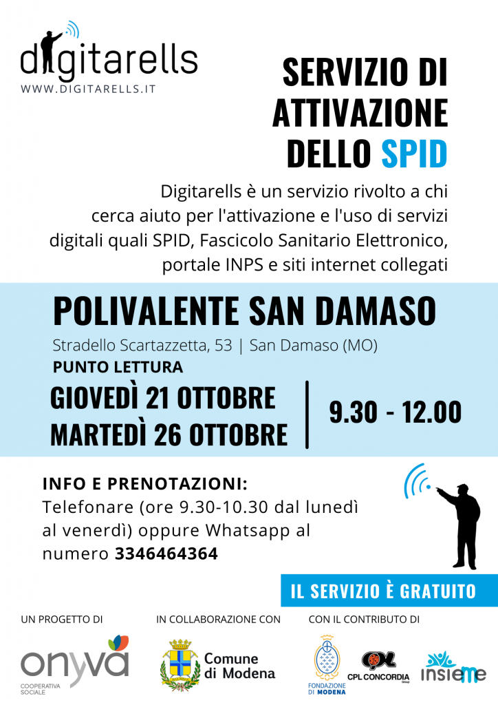 Locandina sportelli Digitarells a San Damaso, mese di ottobre. Progetto della Cooperativa sociale Onyvà